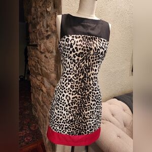 White House Black Market Leopard Print Shift Dress with Red Accent